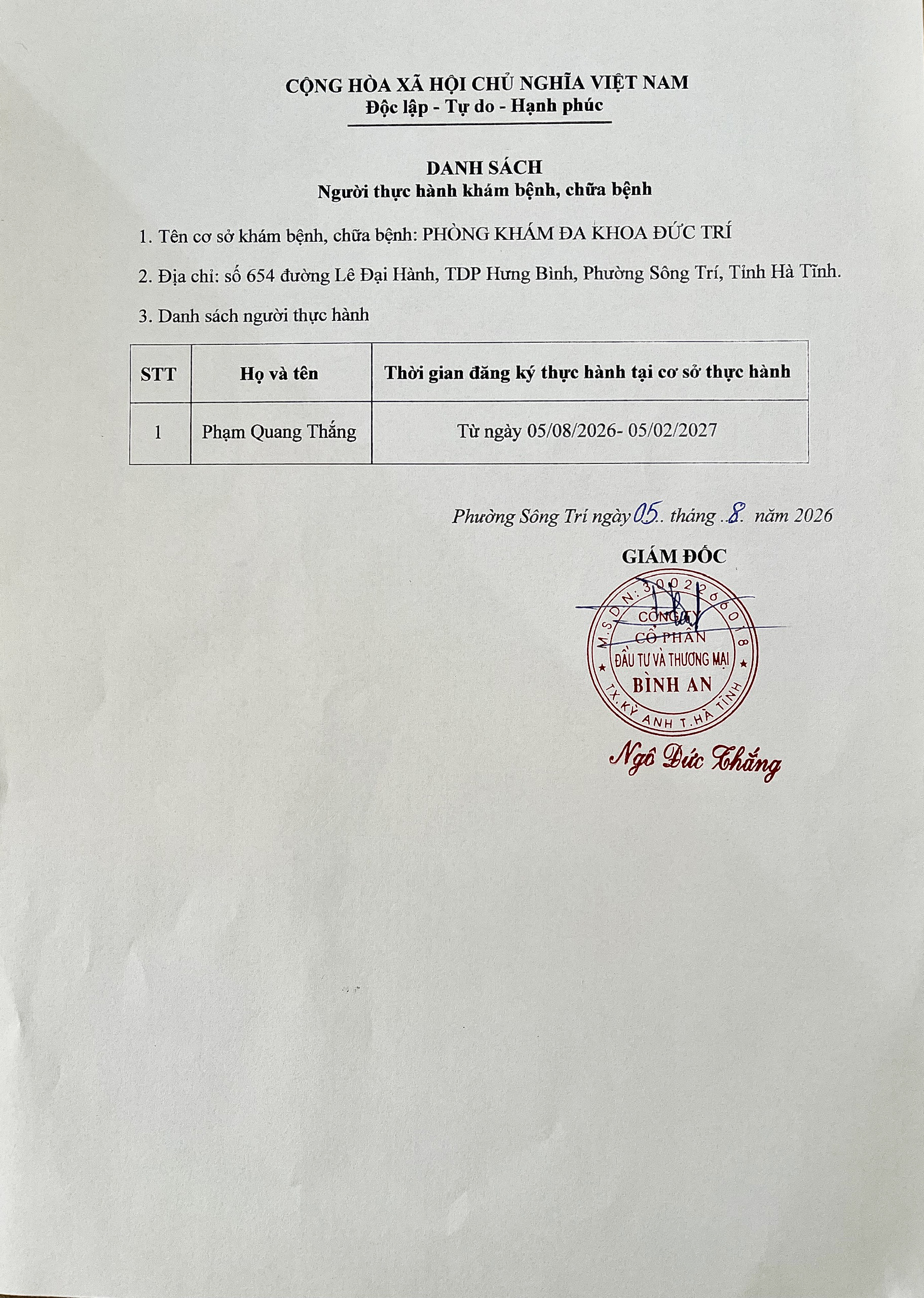 Danh sách đăng ký người thực hành tại cơ sở khám bệnh, chữa bệnh tính đến ngày 05/08