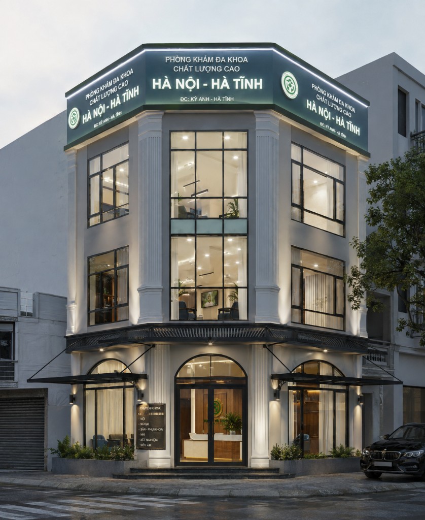 Mặt tiền Phòng khám Đa khoa Đức Trí lúc chạng vạng, Kỳ Anh, Hà Tĩnh